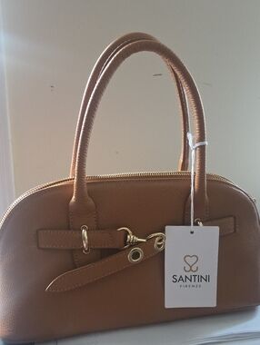 Santini Firenze Tan Leather Satchel with Gold-Tone Hardware